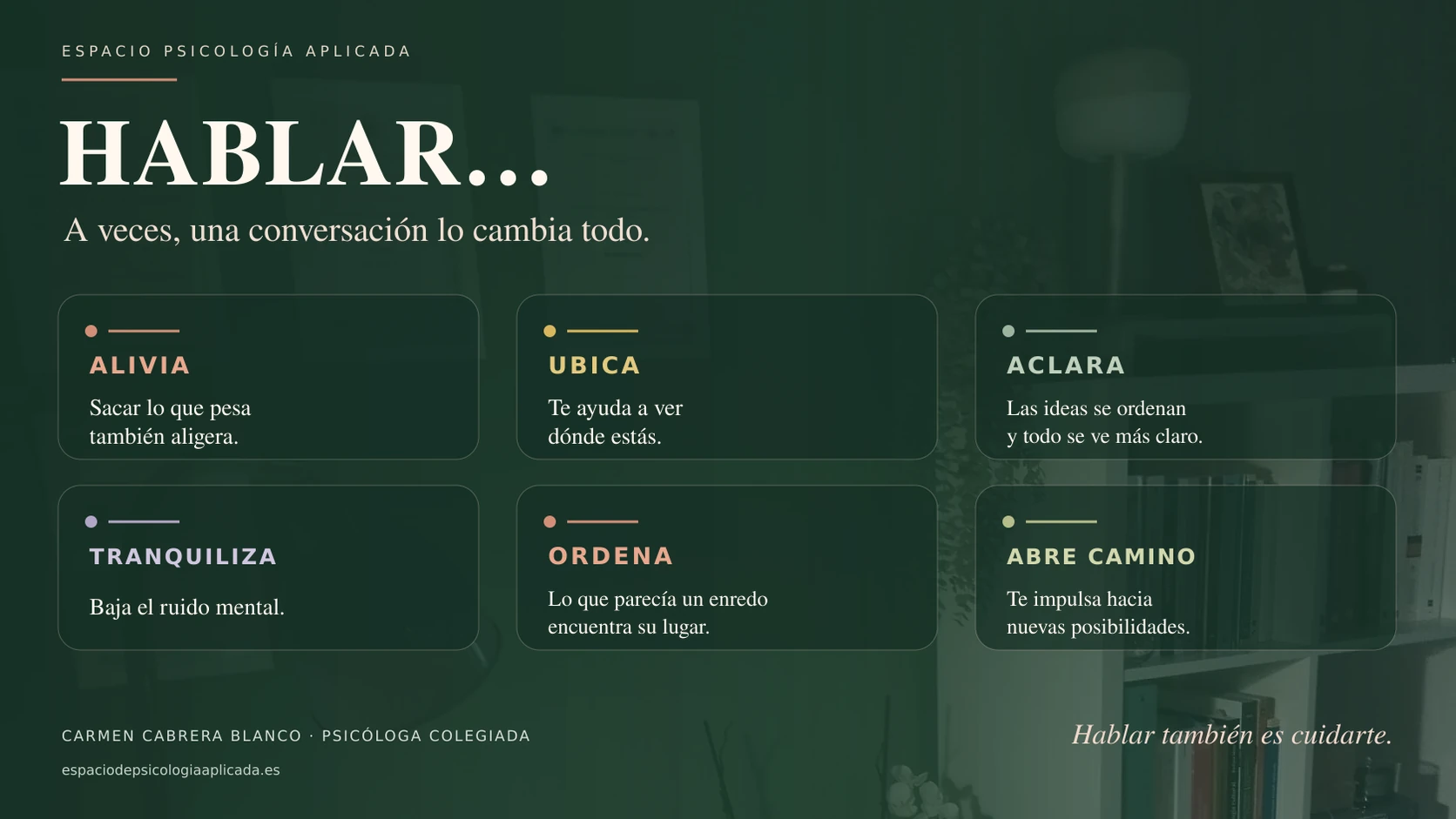Fotografía del espacio de trabajo de Carmen Cabrera con seis formas en las que hablar puede ayudar: aliviar, ubicar, aclarar, tranquilizar, ordenar y abrir camino.